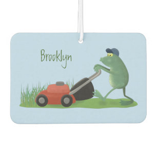 Funny green frog mowing grawn cartoon luchtverfrisser