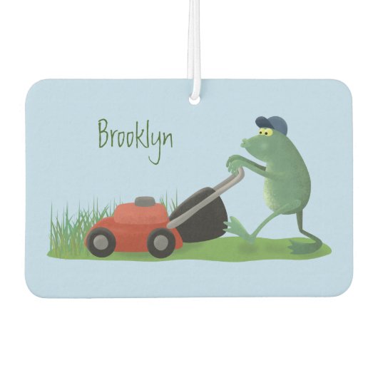 Funny green frog mowing grawn cartoon luchtverfrisser (Voorkant)