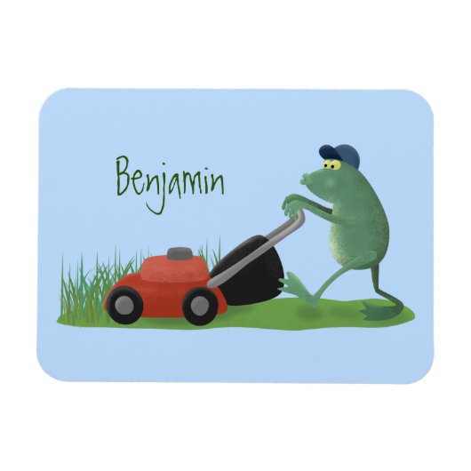 Funny green frog mowing grawn cartoon magneet (Horizontaal)