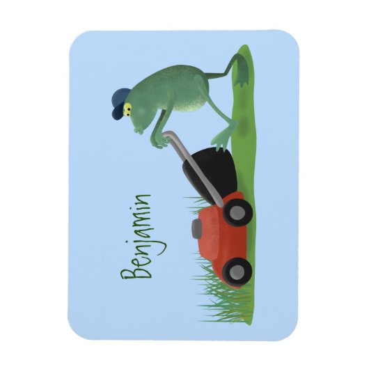 Funny green frog mowing grawn cartoon magneet (Verticaal)