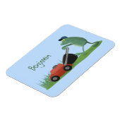 Funny green frog mowing grawn cartoon magneet (Linkerzijde)