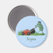 Funny green frog mowing grawn cartoon magneet (Voorkant / Achterkant)