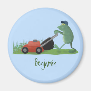 Funny green frog mowing grawn cartoon magneet