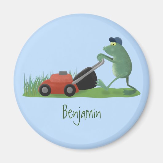Funny green frog mowing grawn cartoon magneet (Voorkant)