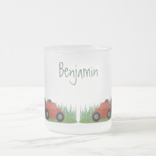 Funny green frog mowing grawn cartoon matglas koffiemok (Center)