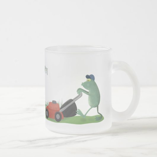 Funny green frog mowing grawn cartoon matglas koffiemok (Rechts)