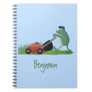 Funny green frog mowing grawn cartoon notitieboek