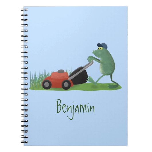 Funny green frog mowing grawn cartoon notitieboek (Voorkant)