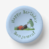 Funny green frog mowing grawn cartoon papieren kommen (Voorkant)