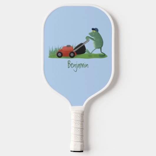 Funny green frog mowing grawn cartoon pickleball paddle (Achterkant)