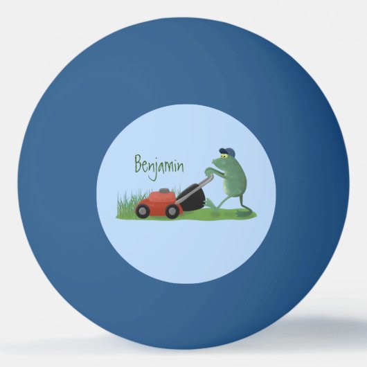 Funny green frog mowing grawn cartoon pingpongbal (Voorkant)