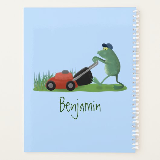 Funny green frog mowing grawn cartoon planner (Achterkant)