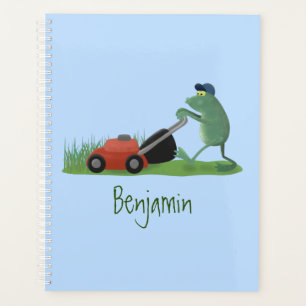 Funny green frog mowing grawn cartoon planner
