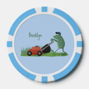 Funny green frog mowing grawn cartoon poker chips