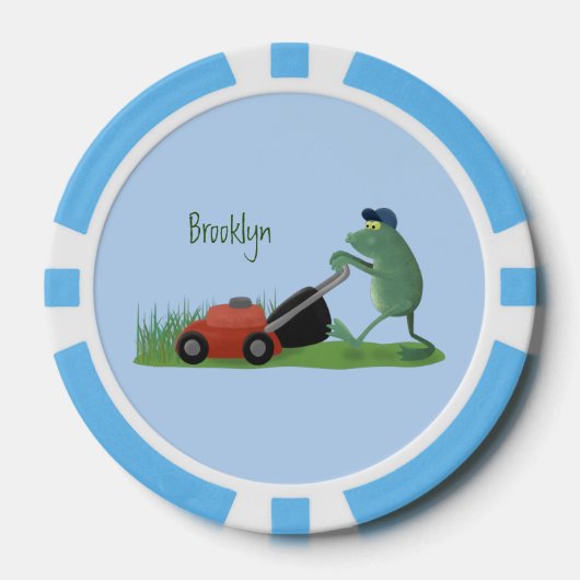 Funny green frog mowing grawn cartoon poker chips (Voorkant)