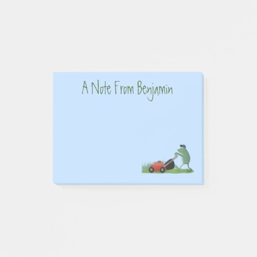 Funny green frog mowing grawn cartoon post-it® notes (Voorkant)