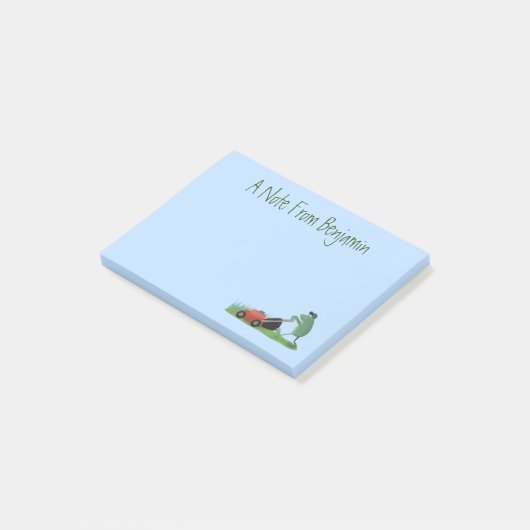 Funny green frog mowing grawn cartoon post-it® notes (Schuin)