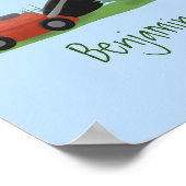 Funny green frog mowing grawn cartoon poster (Hoek)