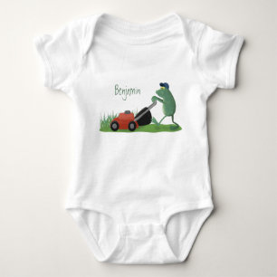 Funny green frog mowing grawn cartoon romper