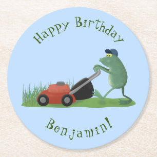 Funny green frog mowing grawn cartoon ronde kartonnen onderzetter