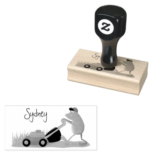 Funny green frog mowing grawn cartoon rubberstempel (Gestempeld)