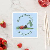 Funny green frog mowing grawn cartoon servet (Insitu)