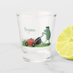 Funny green frog mowing grawn cartoon shot glas