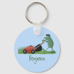Funny green frog mowing grawn cartoon sleutelhanger