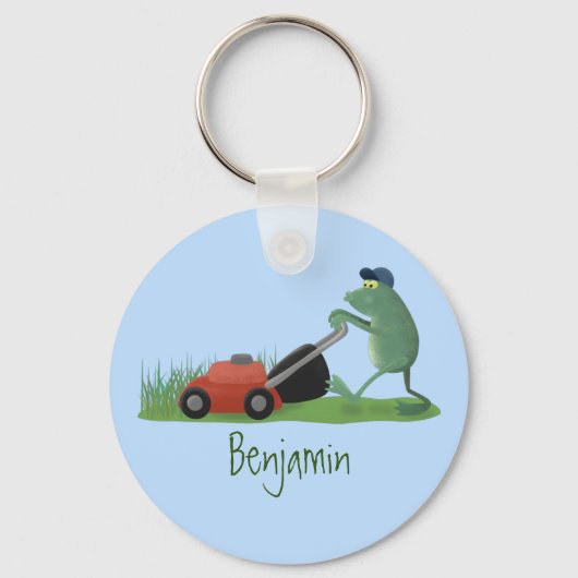 Funny green frog mowing grawn cartoon sleutelhanger (Voorkant)