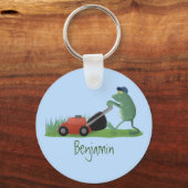 Funny green frog mowing grawn cartoon sleutelhanger (Voorkant)