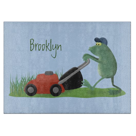 Funny green frog mowing grawn cartoon snijplank (Voorkant)
