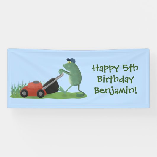 Funny green frog mowing grawn cartoon spandoek (Horizontaal)