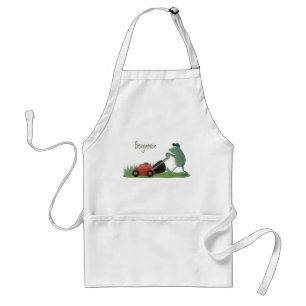 Funny green frog mowing grawn cartoon standaard schort