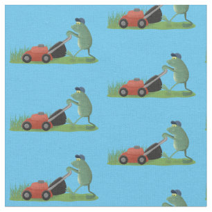 Funny green frog mowing grawn cartoon stof