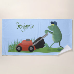 Funny green frog mowing grawn cartoon strandlaken