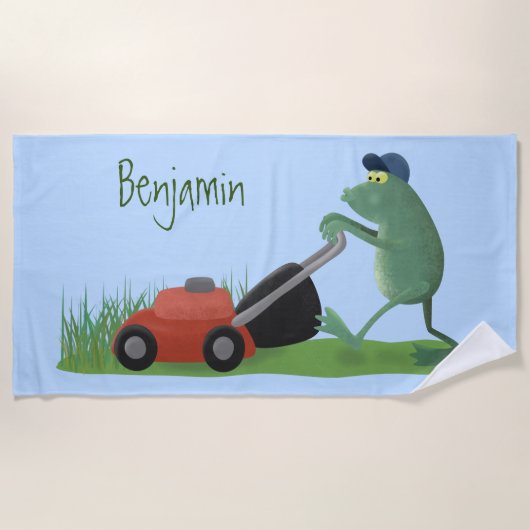 Funny green frog mowing grawn cartoon strandlaken (Voorkant)