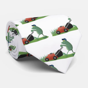 Funny green frog mowing grawn cartoon stropdas