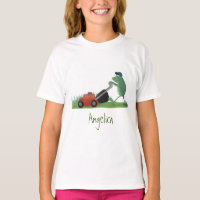 Funny green frog mowing grawn cartoon
