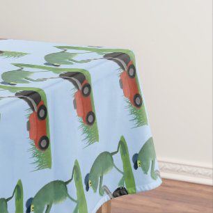 Funny green frog mowing grawn cartoon tafelkleed