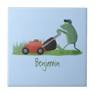 Funny green frog mowing grawn cartoon tegeltje