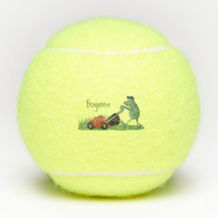 Funny green frog mowing grawn cartoon tennisballen