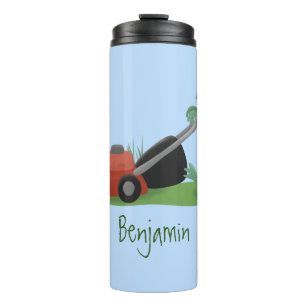 Funny green frog mowing grawn cartoon thermosbeker
