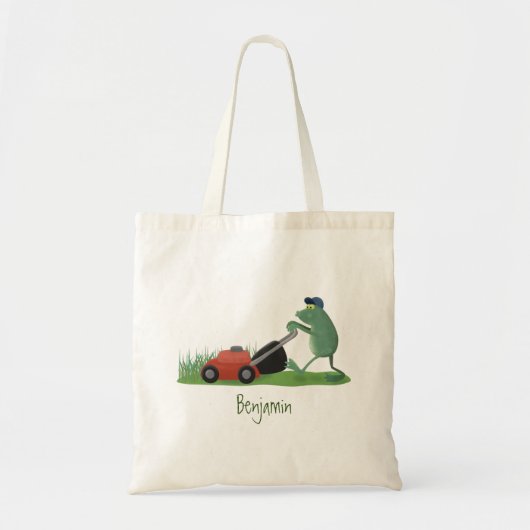 Funny green frog mowing grawn cartoon tote bag (Voorkant)