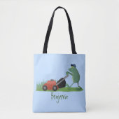 Funny green frog mowing grawn cartoon tote bag (Voorkant)