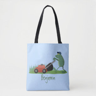 Funny green frog mowing grawn cartoon tote bag