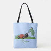Funny green frog mowing grawn cartoon tote bag (Achterkant)