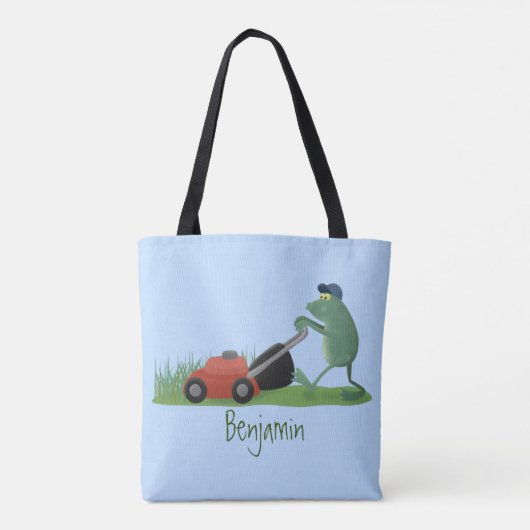 Funny green frog mowing grawn cartoon tote bag (Achterkant)
