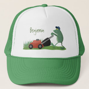 Funny green frog mowing grawn cartoon trucker pet