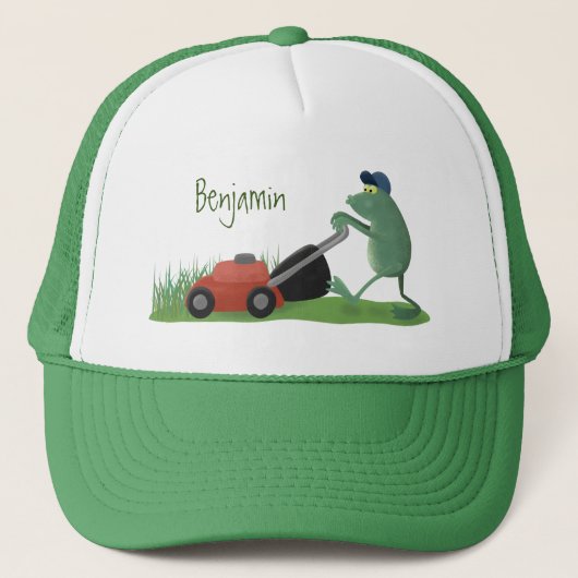 Funny green frog mowing grawn cartoon trucker pet (Voorkant)