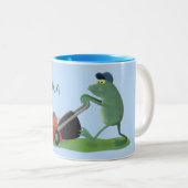 Funny green frog mowing grawn cartoon tweekleurige koffiemok (Voorkant rechts)